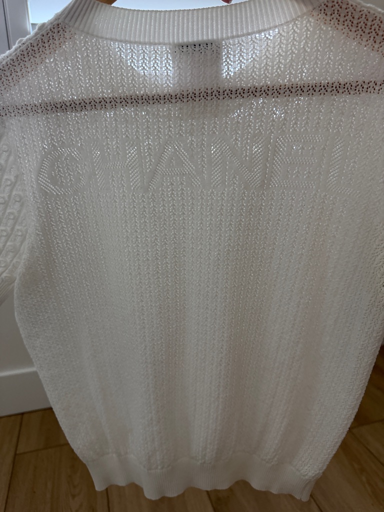 Authentic Chanel White Openwork Knit Short Sleeve Top Beautiful Condition